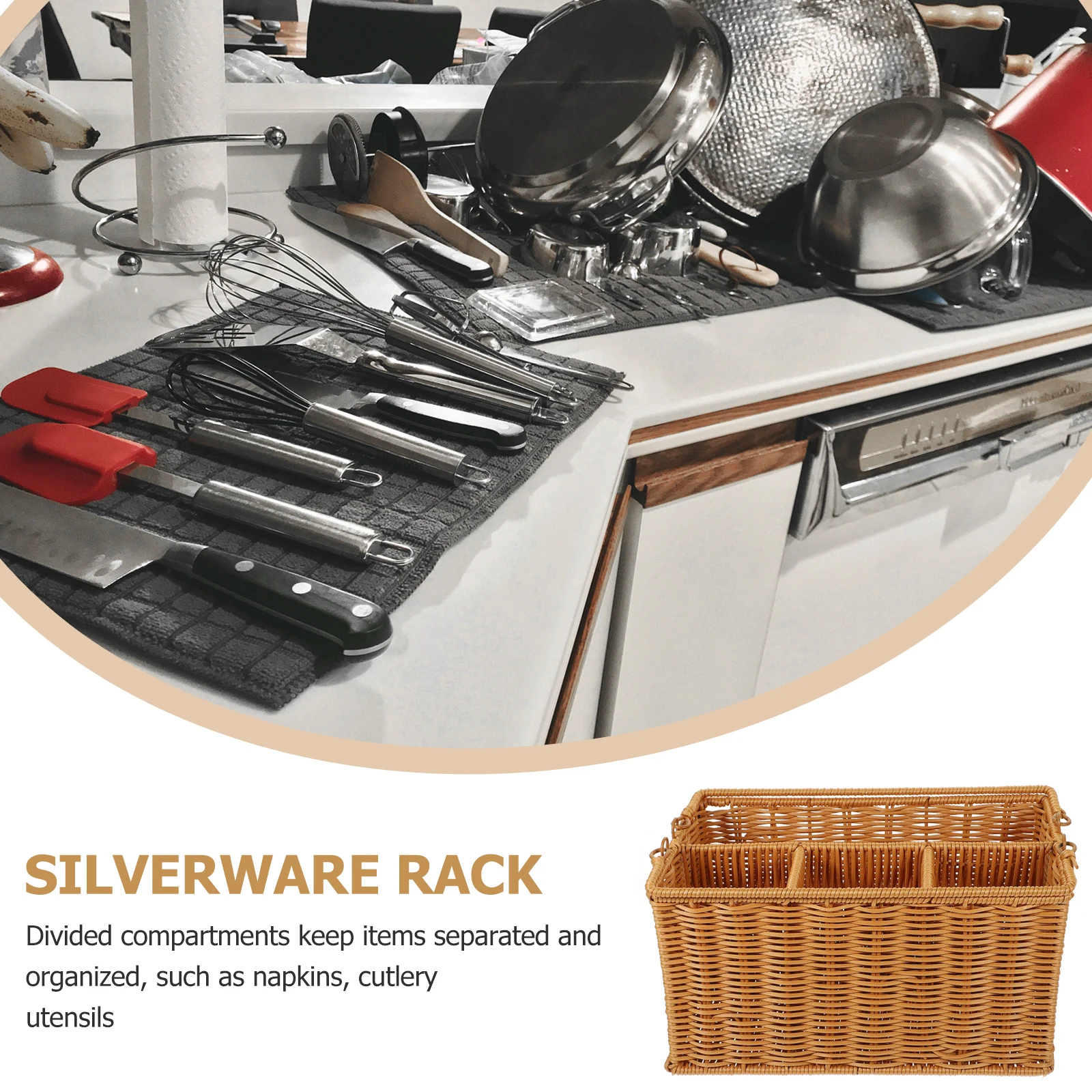 

Woven Dining Utensil Storage Basket PP Imitation Rattan Kitchen Organizer Large Space Divided Compartments Rustic Style