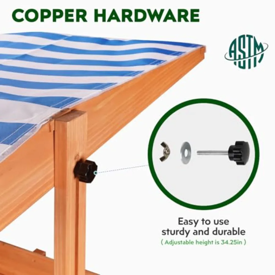 صندوق رمل خشبي خارجي مع غطاء صناديق رملية مع مظلة ومقاعد تخزين قابلة للطي وطاولة رمل مع وصلة سفلية للحماية