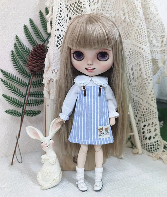 Light Blue Striped Strap Skirt Blythe doll dress skirt, apron, 1/6 BJD for Pullip,Ob22,Ob24, Licca