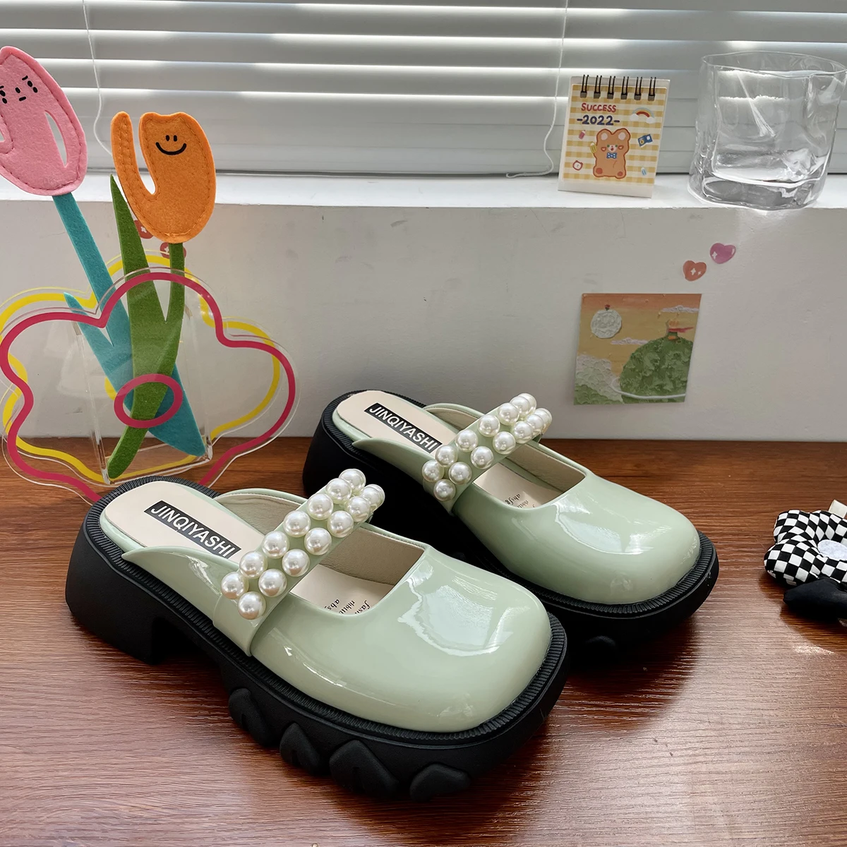 

Fashion Lolita Slipper Platform Mid Heel Square Toe Pu Leather Shoes Spring Summer Green Muffin Half Slippers Retro Sweet Girls