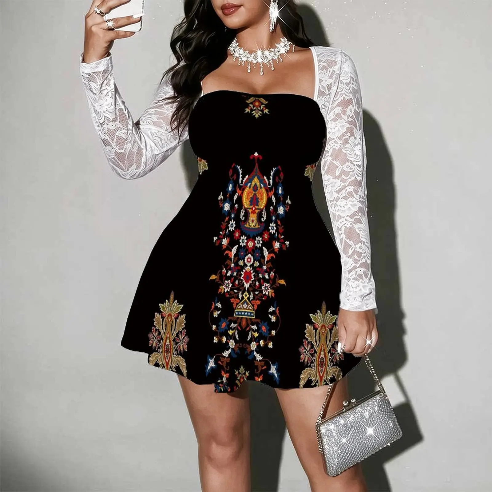 Plus Size Female Lace Sleeve Mini Dress, Fashion Elegant Slim Dress,For Evening Party