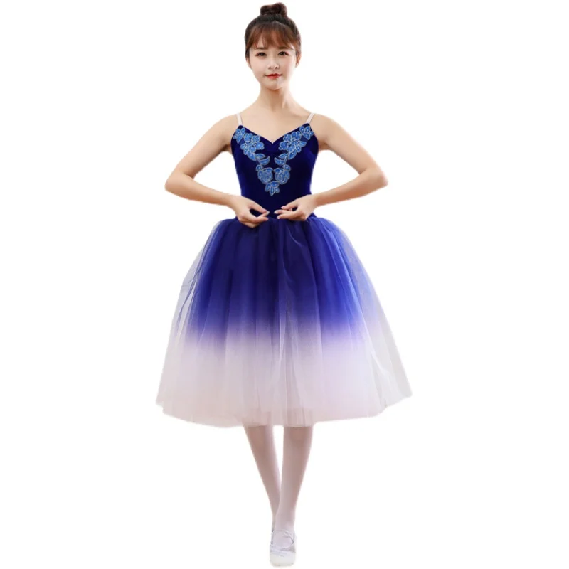 Blauw Ballet Jurk Prestaties Maillots voor Meisjes Volwassen Vrouwelijke Geleidelijke Kleur Lange Rok Tutu Rok Moderne Dans Jurk