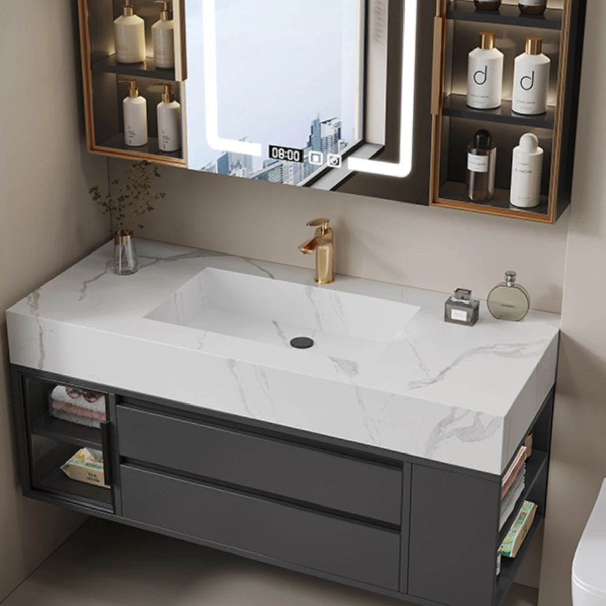 Modern minimalist rock plate ceramic seamless integrated basin bathroom cabinet combination