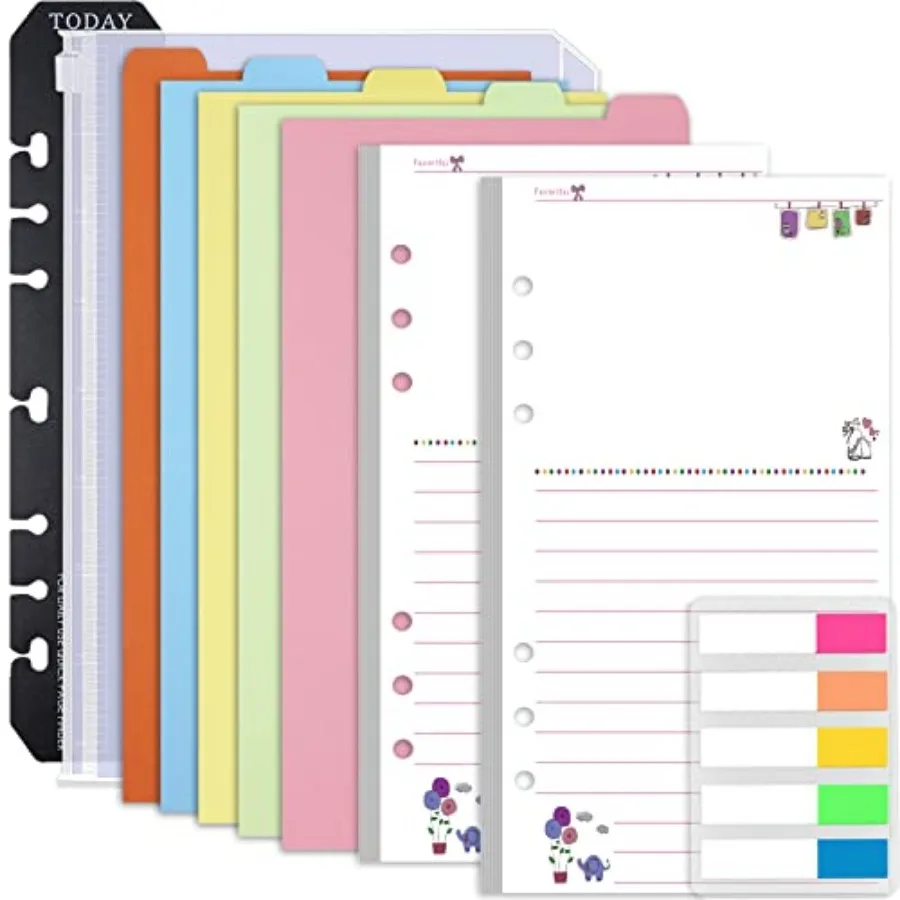 

Planner Inserts Lined Paper, Colorful 90 Page 6-Ring Memo Refills Loose-leaf Refill Paper w/Zipper Pouch, Binder Dividers, Rule
