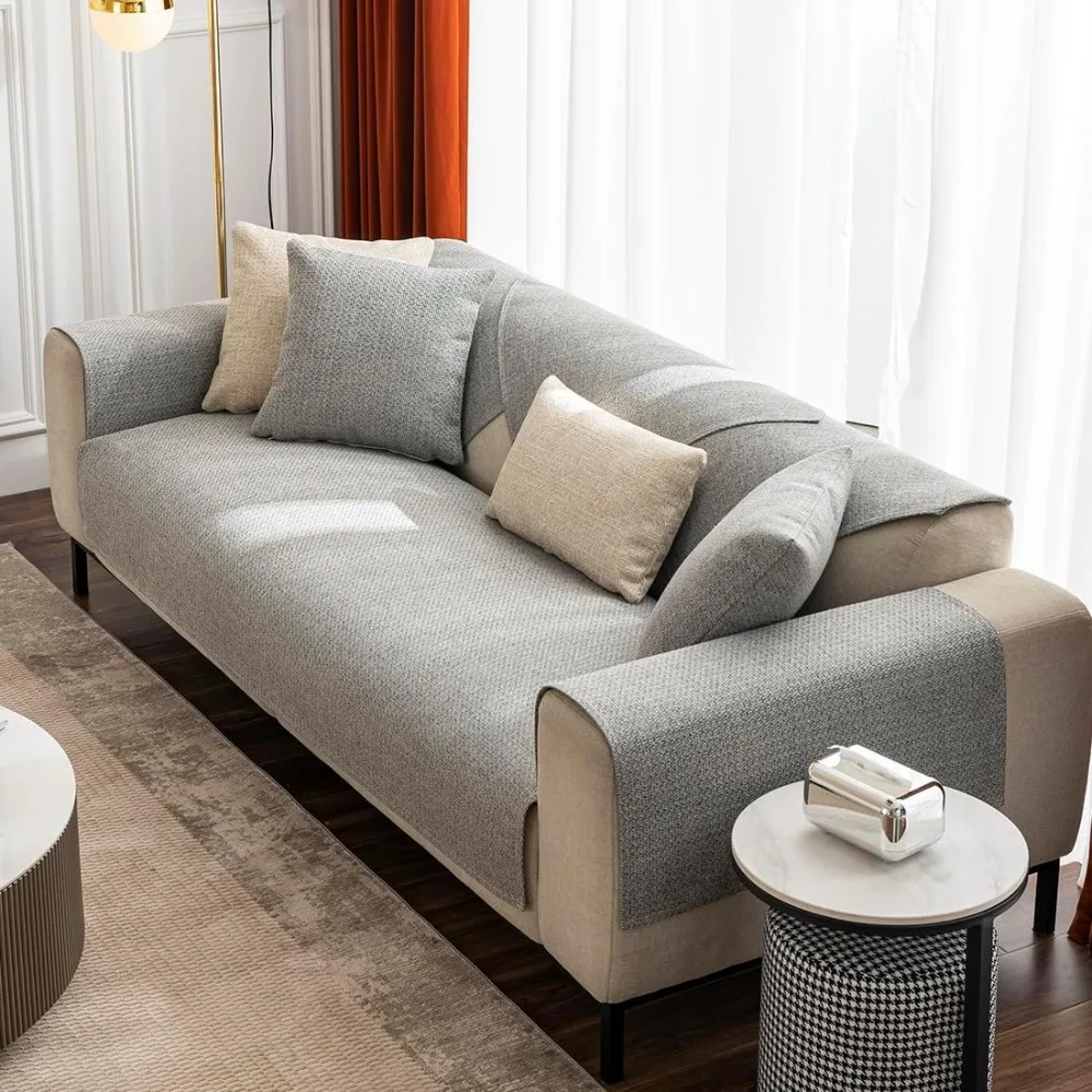 

vctops rustic linen textured couch sofa cover solid color non slip sectional couch covers soft sofa slipcover for dogs, children