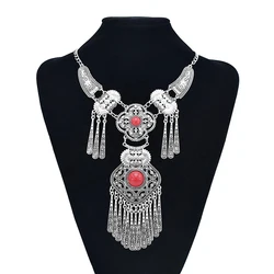 Bohemian Ethnic Vintage Beads Alloy Leaf Tassel Statement Necklaces for Women Silver Color Hollow Geometric Necklace Jewelry