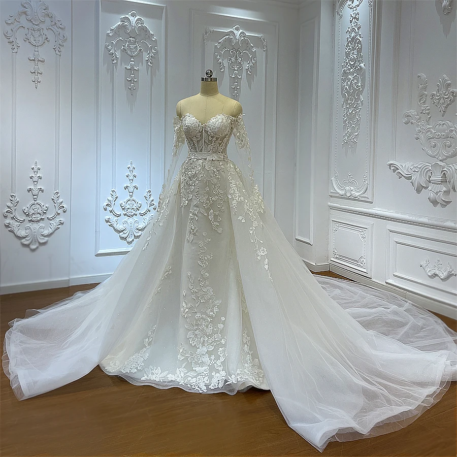 Customized M105 Simple Off The Shoulder Applique Lace Mermaid Bridal Dress With Detachable Skirt