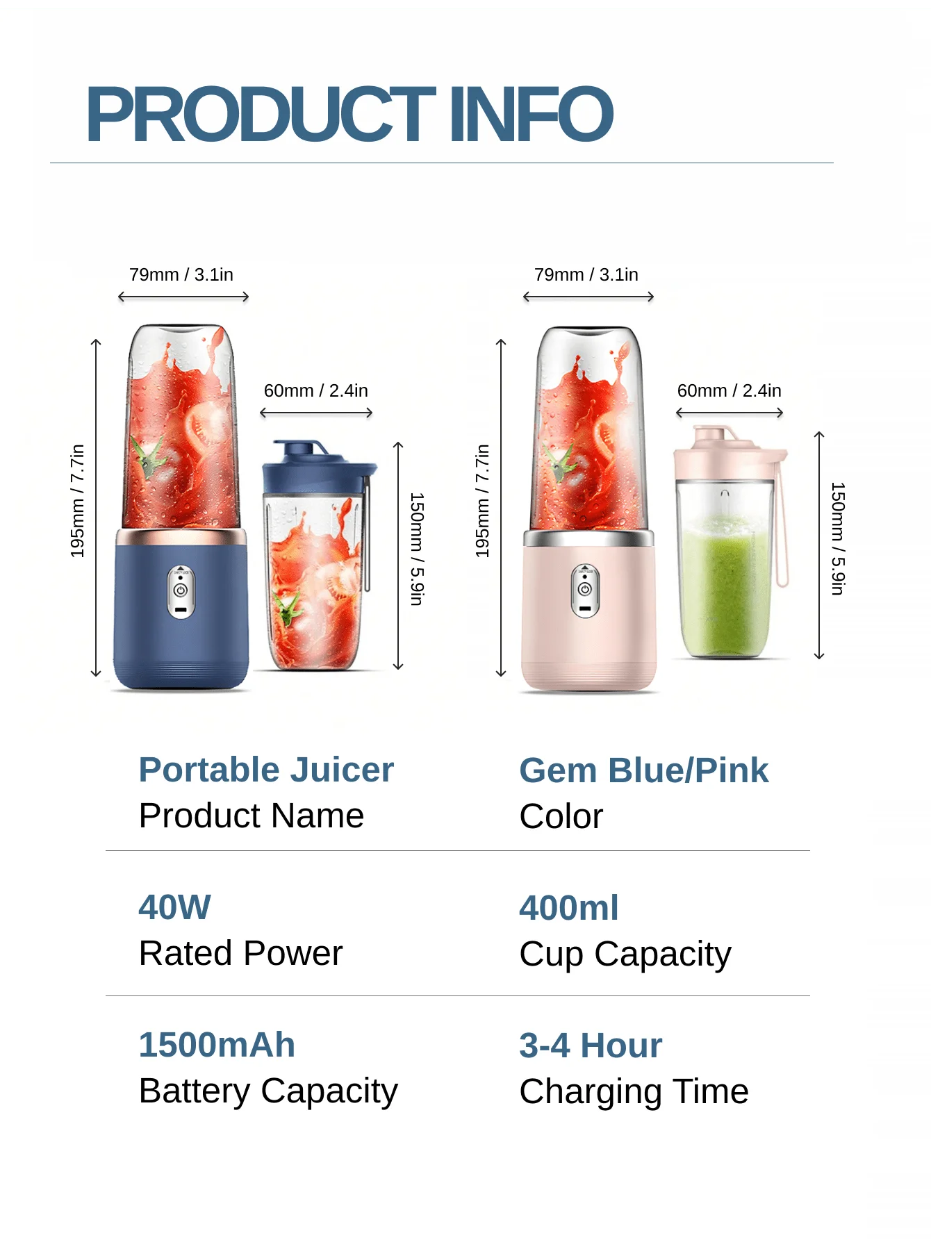 Portable 400ml Rechargeable Juicer Blender with Six Blade Fast Ice Crushing - Perfect for Smoothies, Vegetables and Fruit Juices