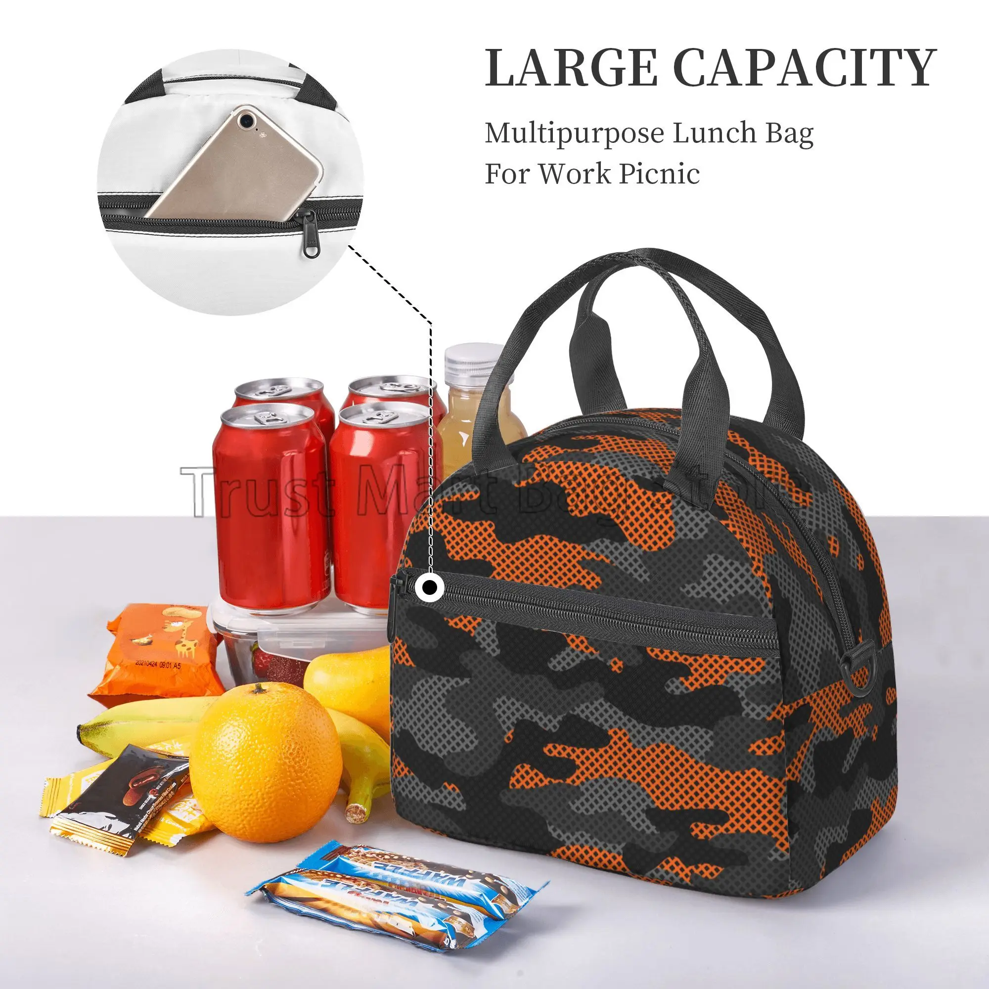 Black and Orange Camouflage Insulated Lunch Bag Reusable Thermal Oxford Bento Totes with Adjustable Strap for Work Travel Picnic