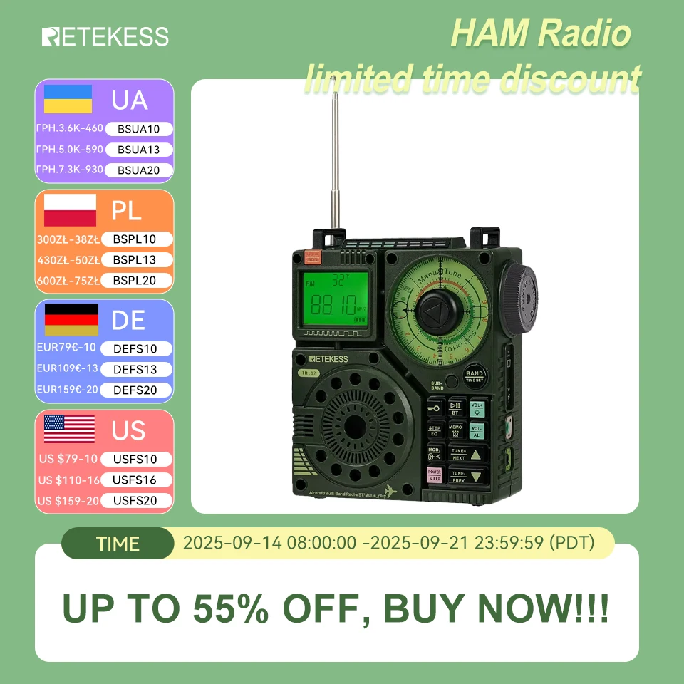 

Retekess TR112 Radios Portable AM FM Radio Receiver Ham Radio Emergency Amateur Shortwave Radio SW AIR Band VHF WB Alarm Clock