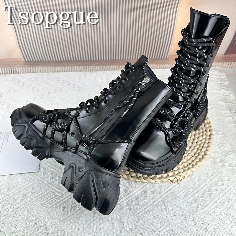 

Thick Soled Height Increasing Women Ankle Boots Black Patent Leather Platform Lace Up Side Zipper Knight Short Boots