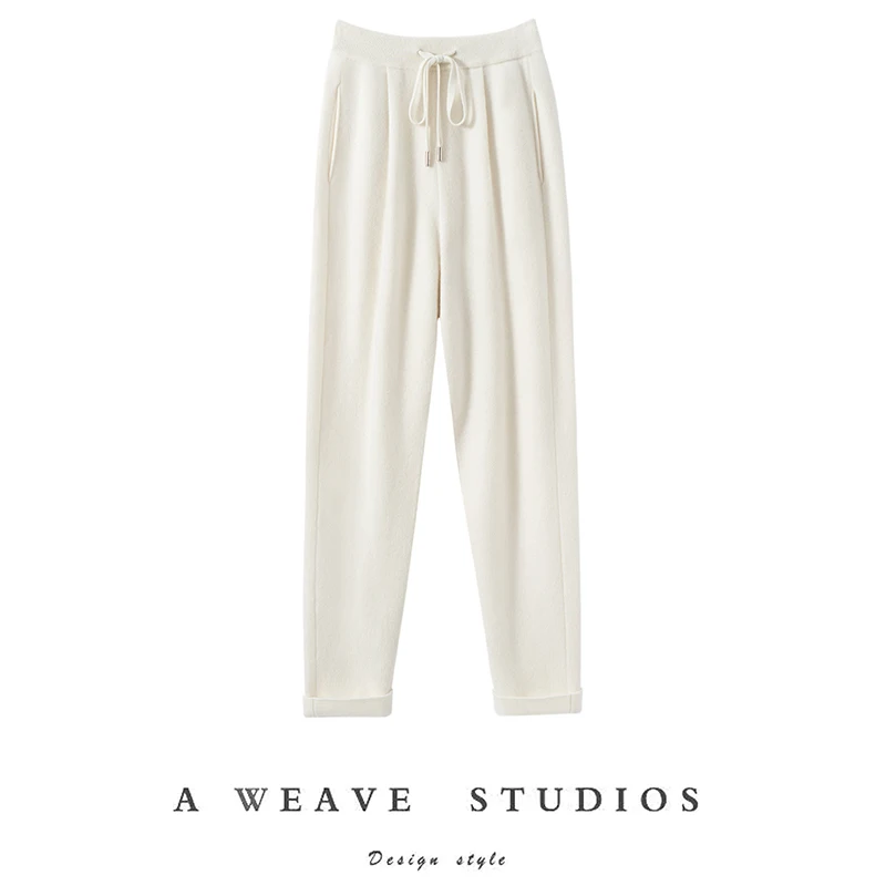 ADDONEE Women's Cashmere Pencil Pants Autumn Winter Thick Warm Cashmere Knit Trousers Casual Style Wide Leg Pencil Pants
