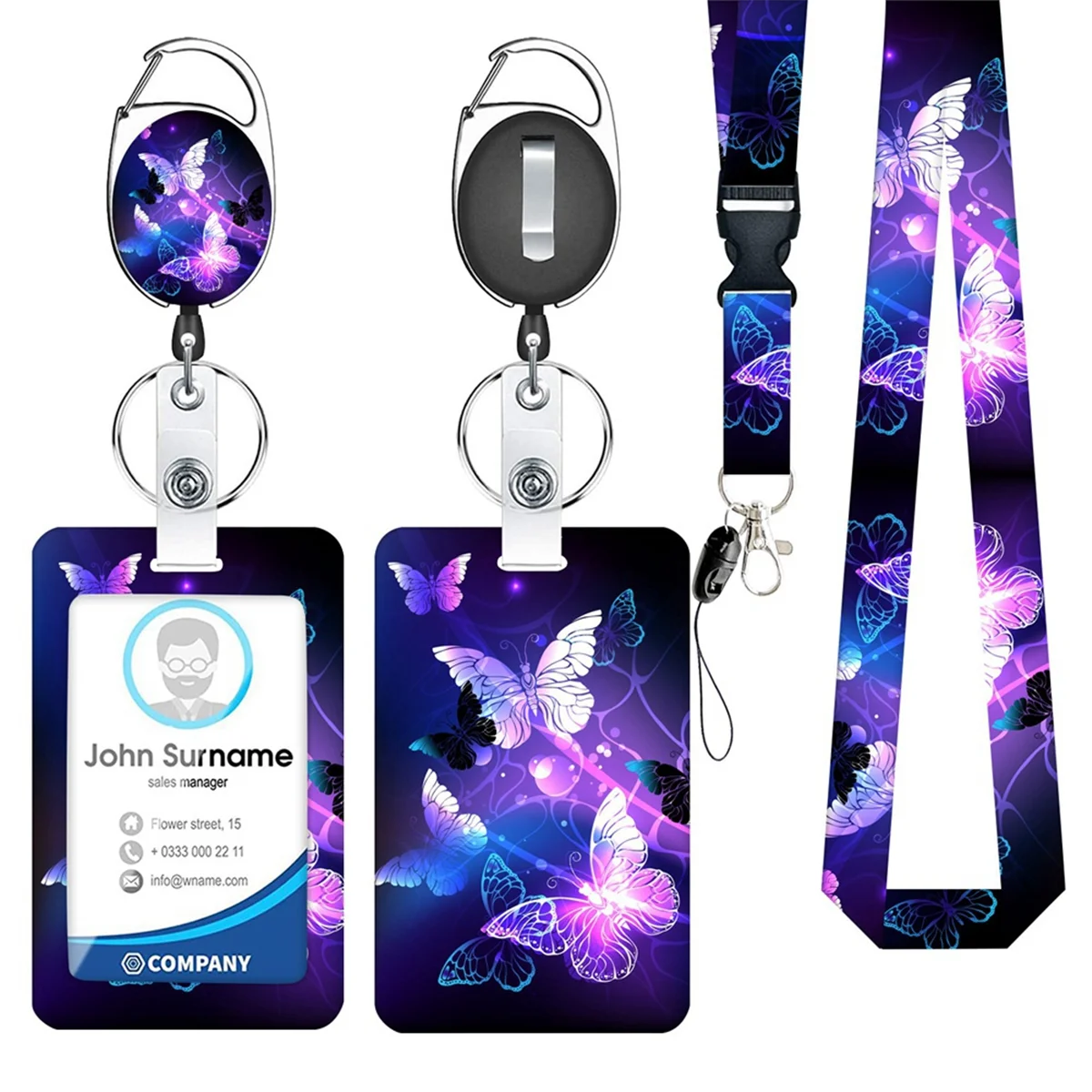 Hand-Sliding Push Cover ID Holder Butterfly Starry UV Digital Printing ID Card Holder Badge Reel Carabiner Reel Clip B