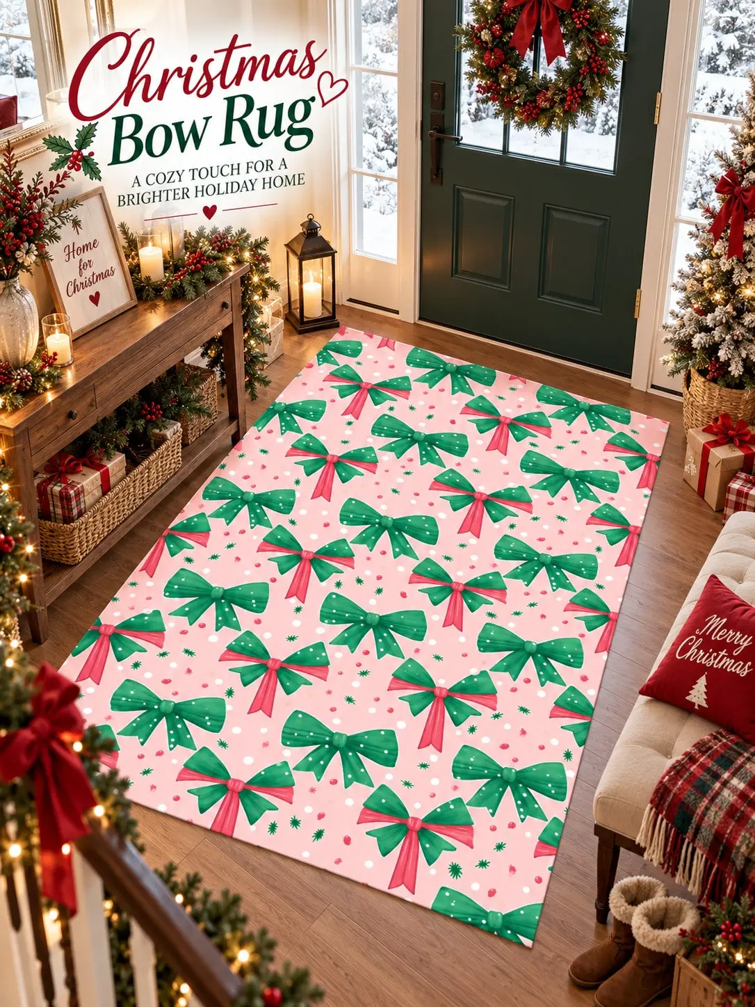 Christmas Pink Rug Bow Dot Ribbon Arrangement Floor Carpet Living Room Bedroom Dining Area Entryway Hallway Apartment Home Styling Beside Sofa Coffee Table Bed Thanksgiving Housewarming Birthday Anniversary Gift for Family Friends Neighbors