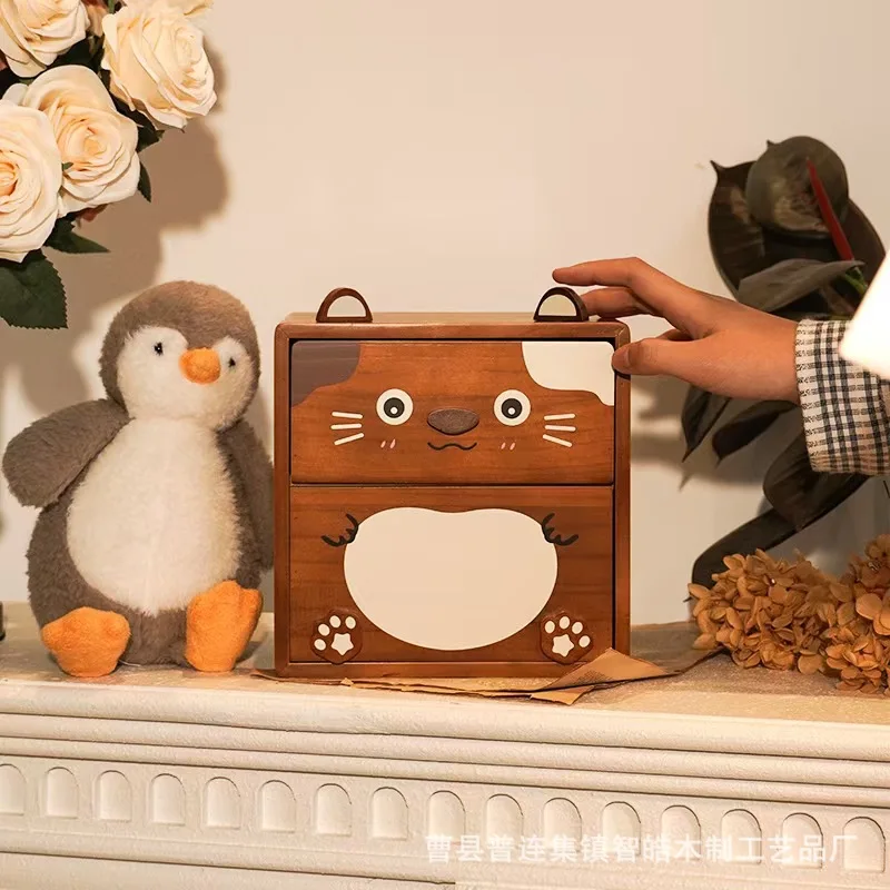 Подходит для настольной шкатулки для драгоценностей из цельного дерева. Двухслойная коробка для отделки ювелирных изделий. Ящик для хранения косметики. Деревянный ящик для хранения с героями мультфильмов.