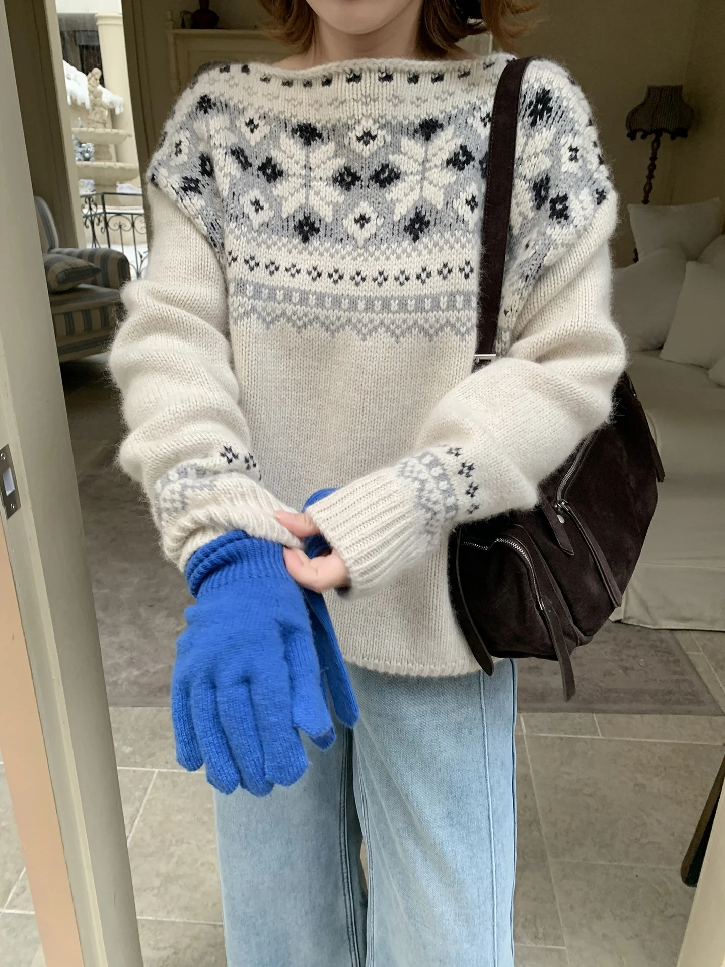 

Женский вязаный свитер ELINSU оверсайз с круглым вырезом, осенне-зимний, в стиле Fair Isle, с бахромой, длинными рукавами, теплый термотоп