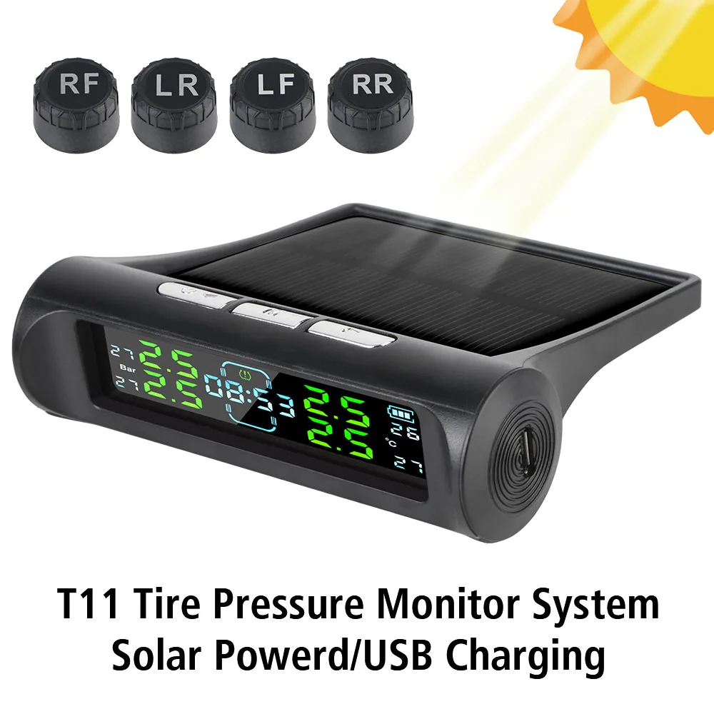 Digital LCD Display Auto Security Alarm Systems With Digital Clock USB / Solar TPMS Car Tire Pressure Monitoring System