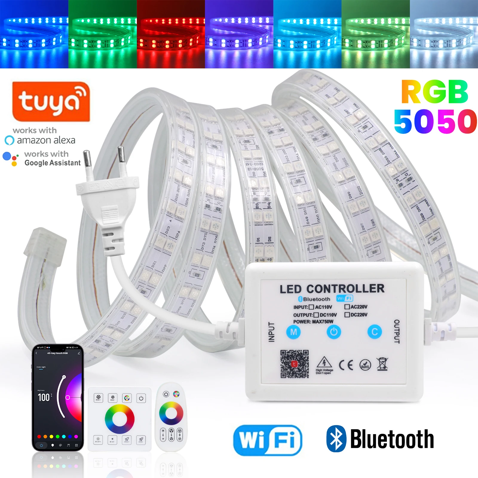 

WIFI Bluetooth Dimmable 220V 5050 RGB LED Strip 120LEDs/M Waterproof LED Ribbon with Dual Touch Remote Work with Alexa Google