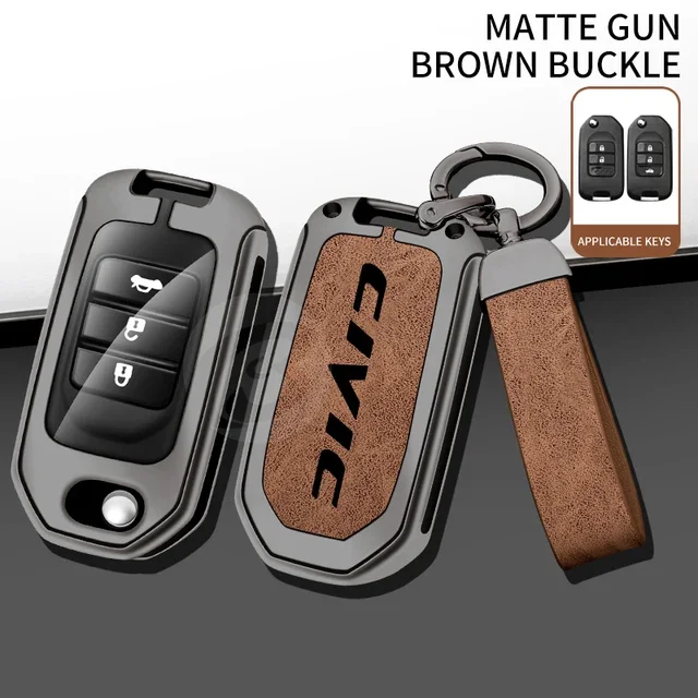 

Zinc Alloy Leather Car Key Case Cover for Honda Civic 8th gen Folding Protected Key Replace Shell Keychain Auto Accessories