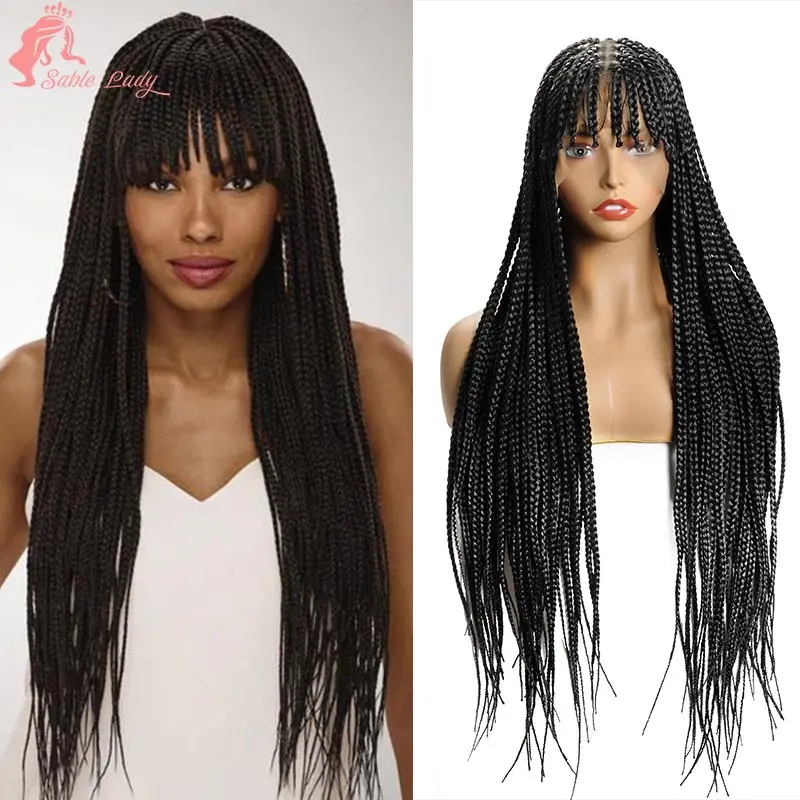 

32 Inch Synthetic Full Lace Braid Wig Knotless Box Braids Goddess Wig With Bangs Faux Locs Crochet Cornrow Braided Wig for Women