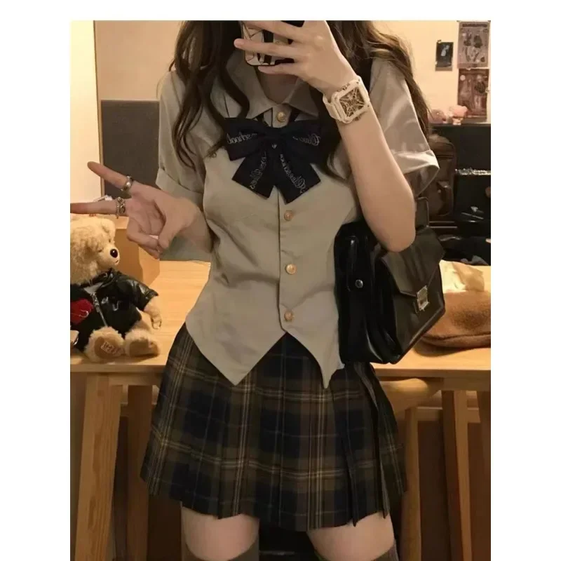 2025 new Korean School Uniform Plus Size XL Summer Japanese Fashion Lapel Bow Short Top Plaid Pleated Skirt Jk Suit 2pcs Women