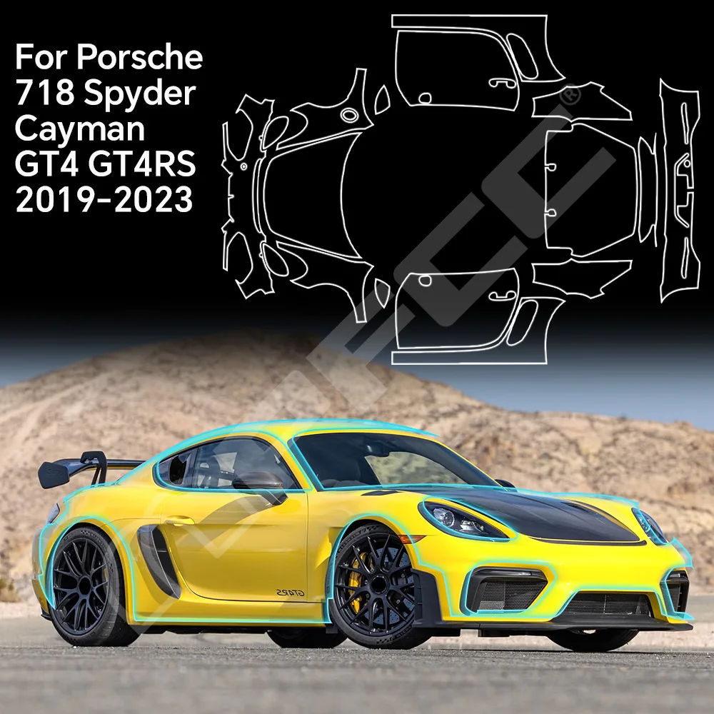 

Для Porsche 718 Spyder GT4 GT4RS 2019-23: Предварительно вырезанная прозрачная защитная пленка из ТПУ (PPF) для кузова, прозрачная наклейка на кузов