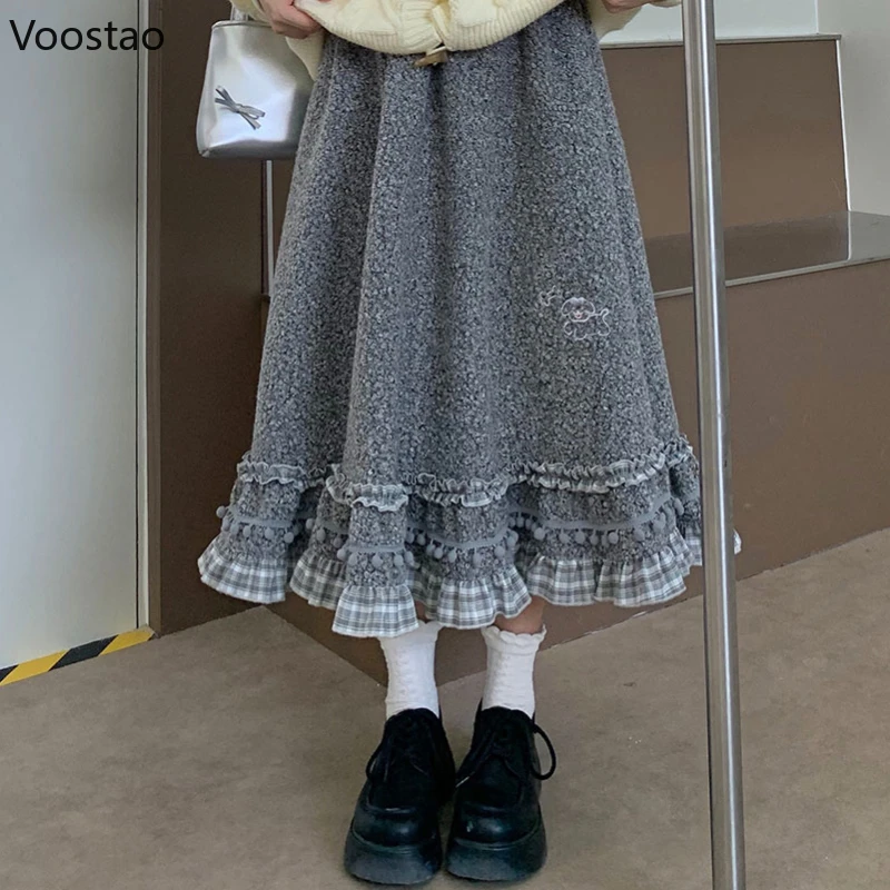 Autumn Winter Vintage Skirt Women Casual Dog Embroidery Plaid Ruffles Patchwork Plush Ball Elegant Midi Skirt Female Y2k Skirts