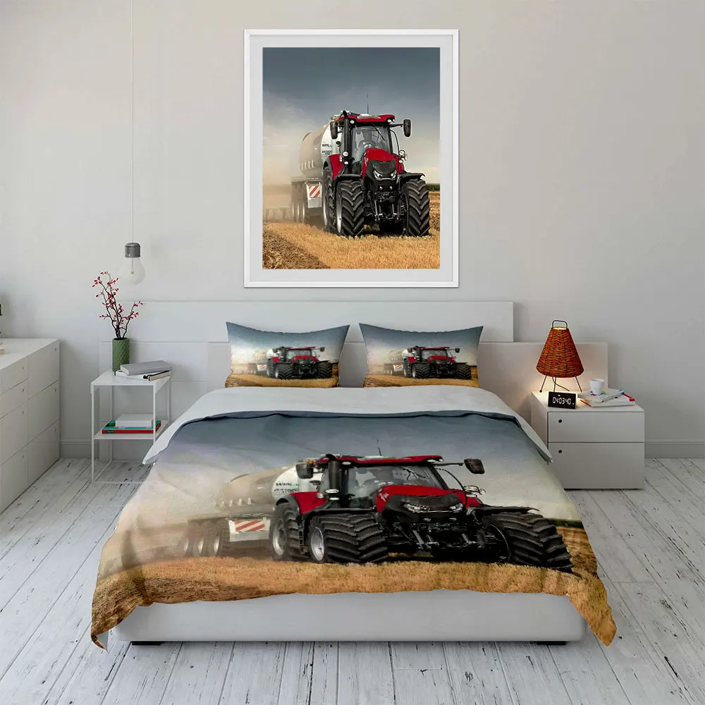 Red tractor working in field Print Soft Comfortable Duvet Cover Bedding Set Included 1*Duvet Cover 2*Pillowcases Luxury gifts