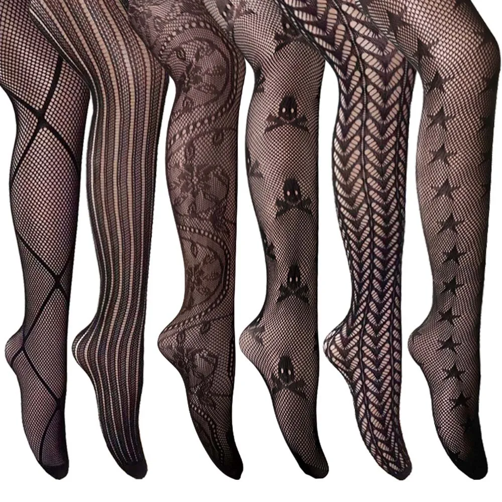 Hot Women Sexy Stockings Fishnet Mesh Tights Club Party Nylon Fish Net Stockings Stars Flowers Skull Gothic Lace Pantyhoses New