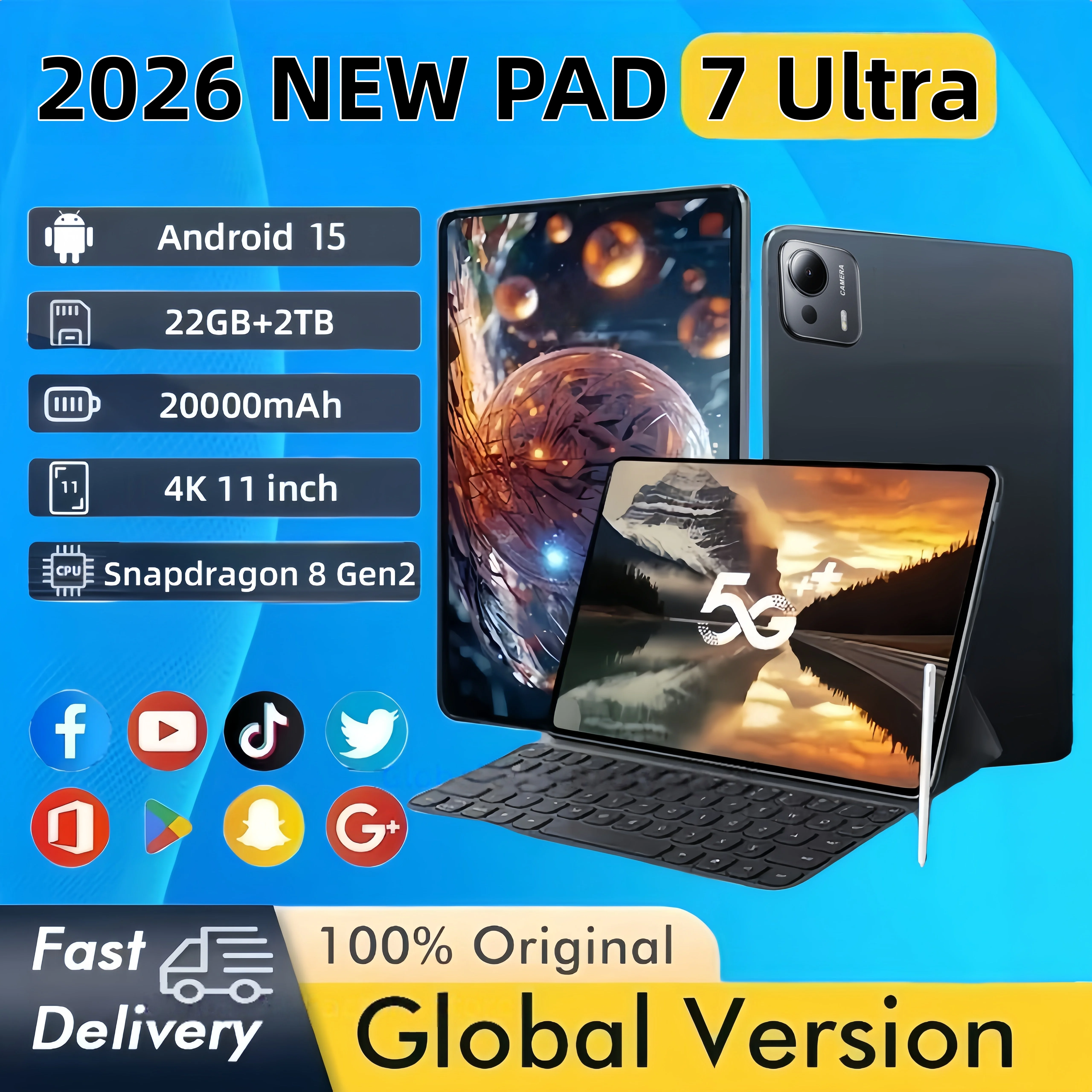 2026 النسخة العالمية الجديدة Pad PAD 7 Ultra Tablet 11 بوصة HD 4K 20000mAh Android15 22GB + 2T 5G ثنائي الشريحة مكالمة هاتفية WiFi GPS الكمبيوتر اللوحي