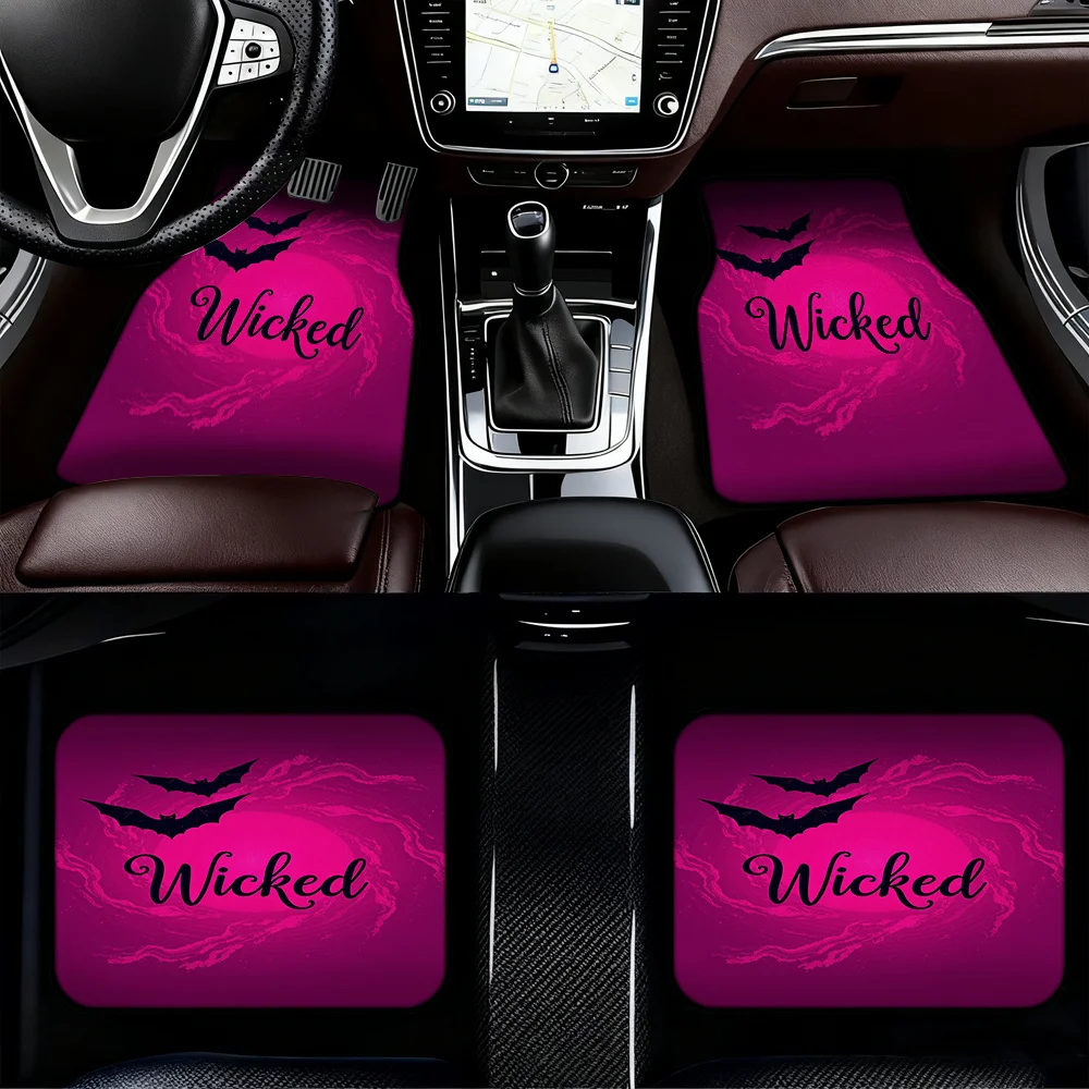 4pcs Gothic Witch Hat & Bats Car Floor Mats - Pink & Gothic Design With Wicked Lettering, Durable All-Weather Fit For Trucks, SU