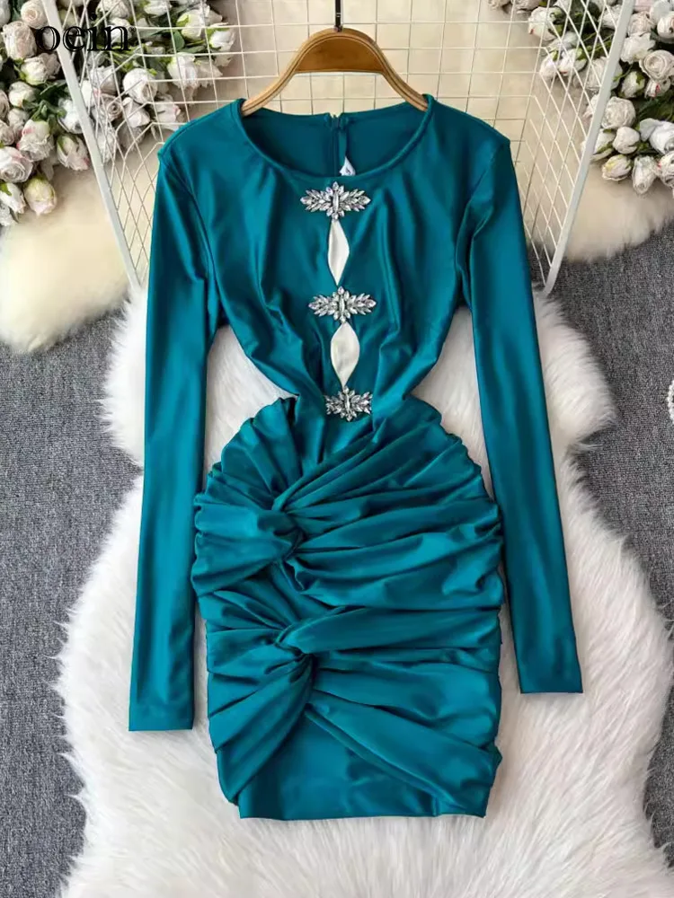 Grandmother Green Water Diamond Decorative Hollow Design Dress Women, High End, Twiste