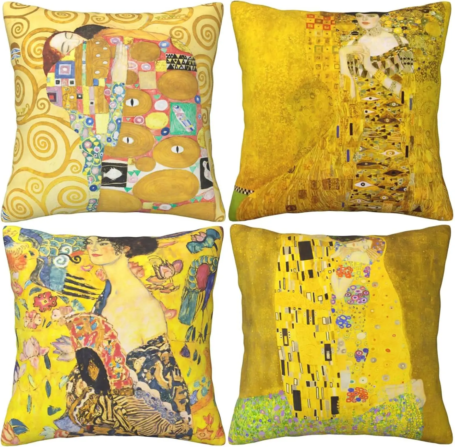 Gustav Klimt Set of 4 Double Sided Throw Pillow Covers The Kiss Yellow Art Oil Painting Cushion Cases Couch Sofa Decor