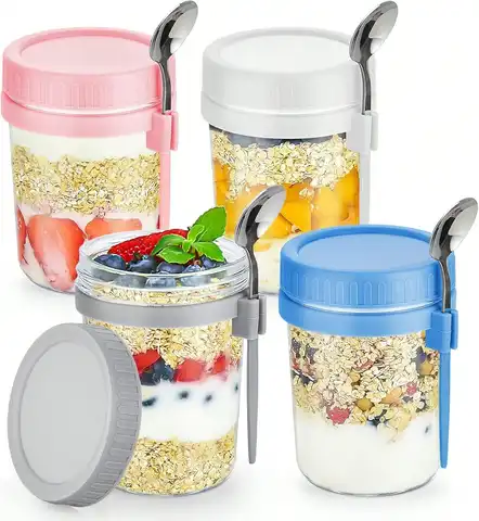 4 Pack Overnight Oats Containers With Lids And Spoons Modern 16 OZ Glass Mason Jars Set Airtight Food Storage Containers Breakfast Meal Prep Parfait Cups For Milk Cereal Fruit To Go School Office Housewarming Gift