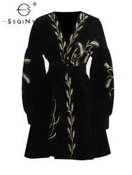 SEQINYY Elegant Black Dress Spring Autumn New Fashion Design Women Runway High Quality Embroidery Flower Vintage Velvet