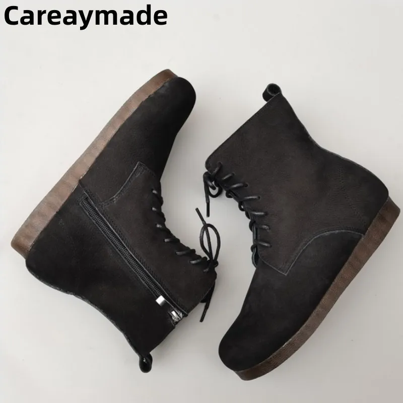 Careaymade-100% Genuine leather women's boots soft soles flat wool boots warm round cow leather high top casual single boots