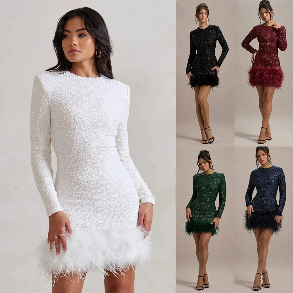 Vestido elegante de retales de plumas y lentejuelas, vestidos de fiesta cortos de manga larga con cuello redondo ajustados de Navidad, batas brillantes de cintura alta para mujer 2024