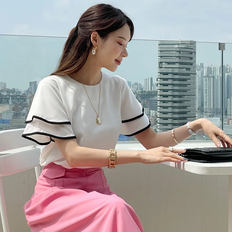 한국 스타일 신제품 3가지 색상 여름 이중 레이어 러플 소매 라운드 넥 쉬폰 블라우스 여성 우아한 루즈 탑 고품질