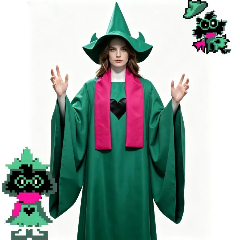 Deltarune Ralsei Cosplay Costume Green Cloak Cape Wizard Hat Scarf Cosplay Accessory Set Halloween Anime Game Cos Outfit