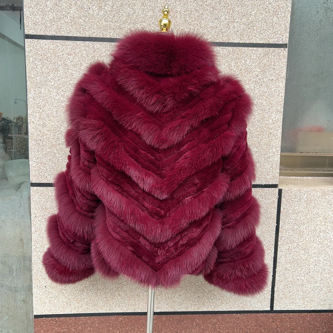 Nuevo Abrigo de Piel de Zorro Real para Mujer, Color Borgoña, con Rayas Diagonales Mixtas de Piel de Conejo Rex, Cuello Alto, Estilo Invernal, Piel de Zorro Natural