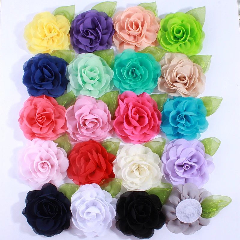 

50PCS 8.5CM Fashion Chiffon Fabric Flower With Green Leaf For Wedding Dress Decoration Artificial Flowers For Wedding Invitation