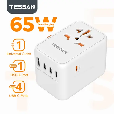 Adaptador de viaje TESSAN 65W Universal con puerto USB y adaptador de enchufe internacional de carga rápida tipo C enchufe UE/REINO UNIDO/EE. UU./AUS para viajes