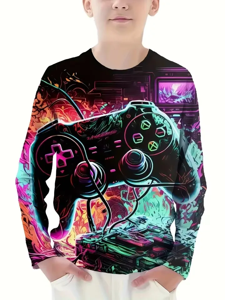 Camiseta infantil, gola redonda, manga longa, estampa frontal de controle de videogame grande, design gráfico cibernético neon, camiseta casual preta 