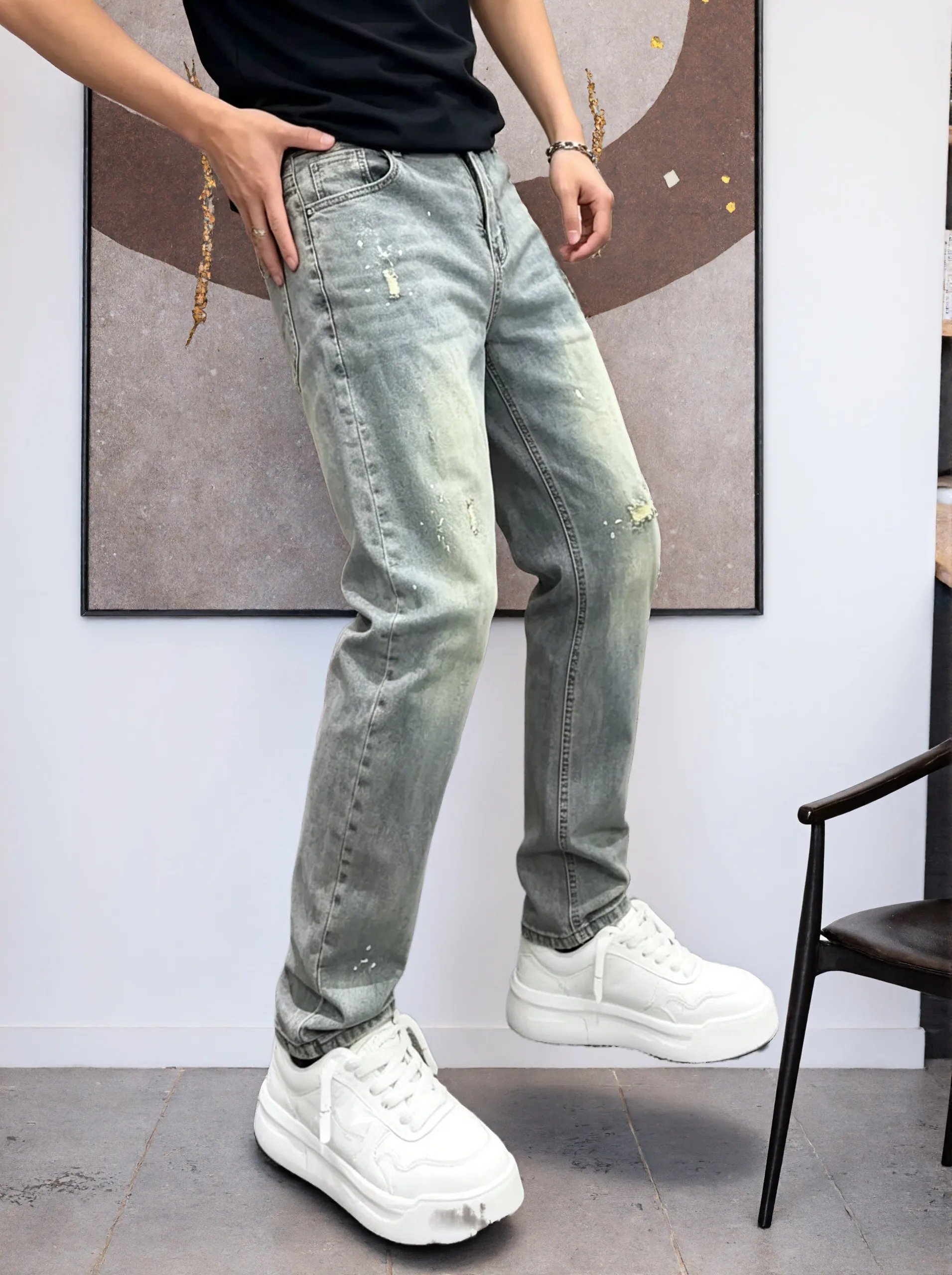 【HME】Men's Jeans | Ripped Paint Splatter Denim Pants, Men Retro Faded Washed Denim Jeans, Relaxed Straight‑Fit Male Denim Trousers, Destroyed Frayed Details, Durable Denim Bottoms, Multi‑Pocket Casual Denim Wear For Male Daily Going‑Out