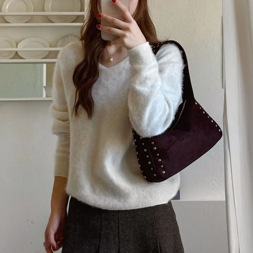 Solid Color Women's Shoulder Bag Large Capacity Suede Leather Travel Handbag Rivet Design All-match Style Underarm Bag