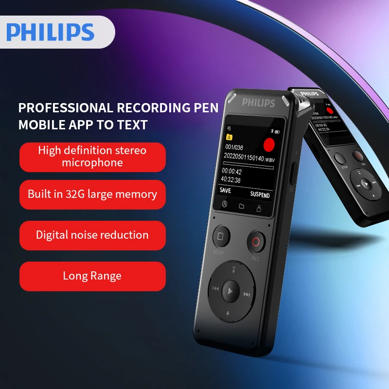 Philips VTR6960 100% Original  Voice Recorder 192K HD Recording 360° Microphone Array AI Transcription WiFi Blue