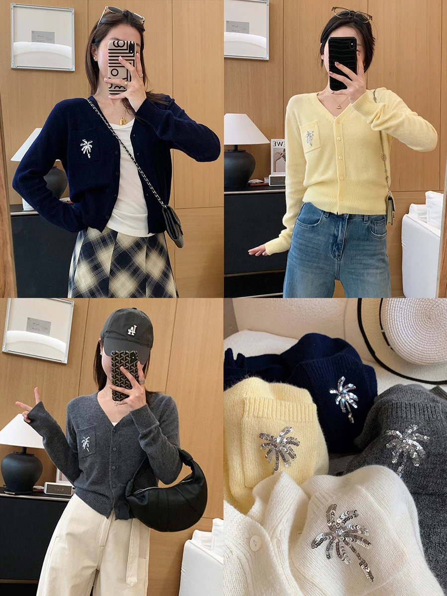 

Вязаный кардиган ручной работы из шерсти с V-образным вырезом, женский облегающий топ с вышивкой, корейский стиль, длинный рукав