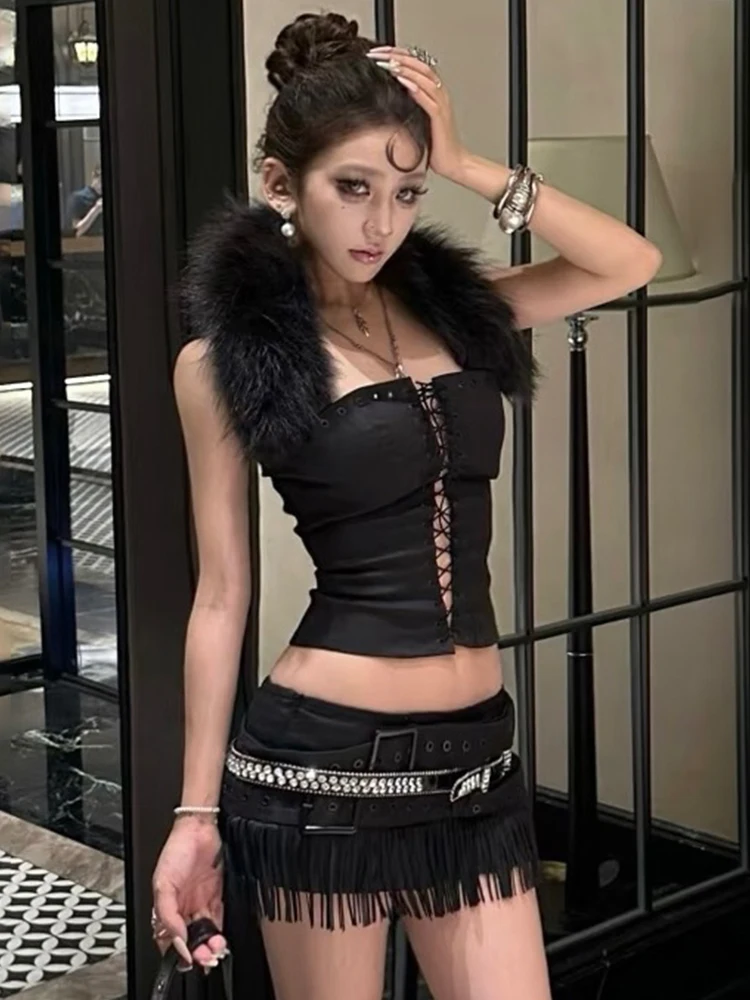 

Женская майка Weird Puss Furry в стиле пэчворк, сексуальная майка Y2K с лямкой на шее и открытой спиной, эластичная кокетка без рукавов, клубная одежда для полуночной вечеринки