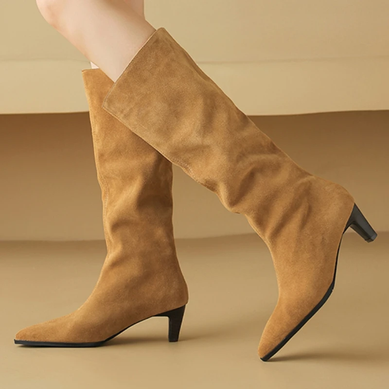 

INS New Cow Suede Leather Knee High Boots Pointed Toe Pull On Mid Heels Fashion Boots Autumn Winter Ladies Party Footwear Shoes