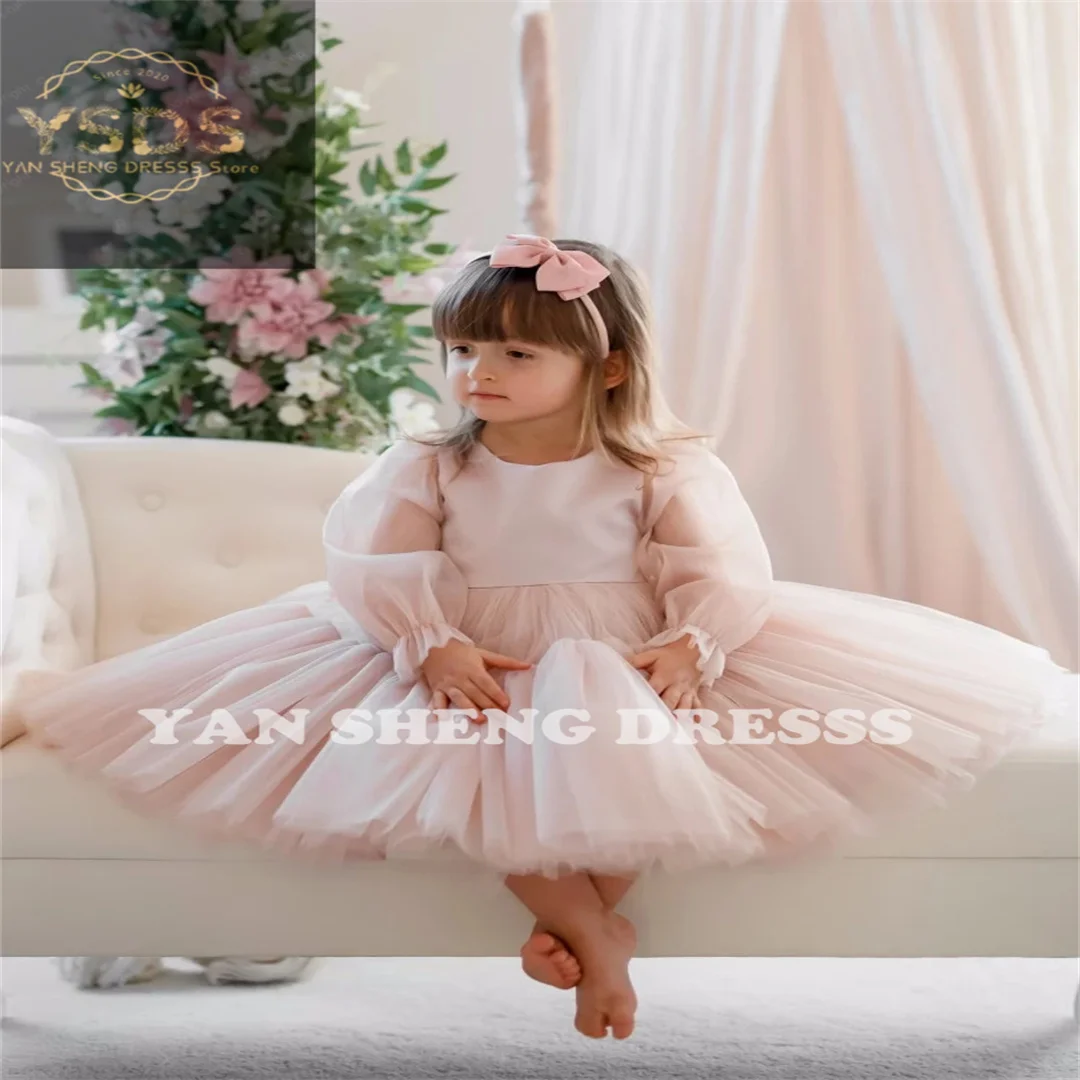 Light Pink Flower Girl Dresses Tulle Satin Puffy (Tiered Long Sleeve For Wedding Birthday Party First Communion Gowns